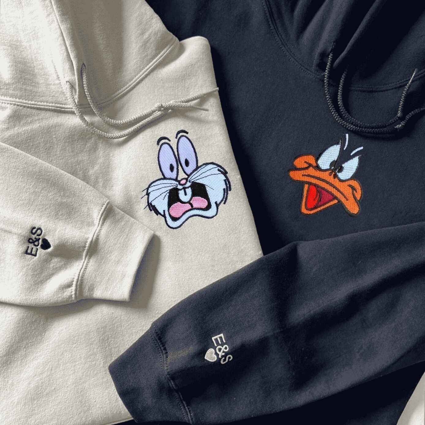 Matching Couple Hoodies with couples matching hoodies design featuring Bugs Bunny and Daffy Duck
