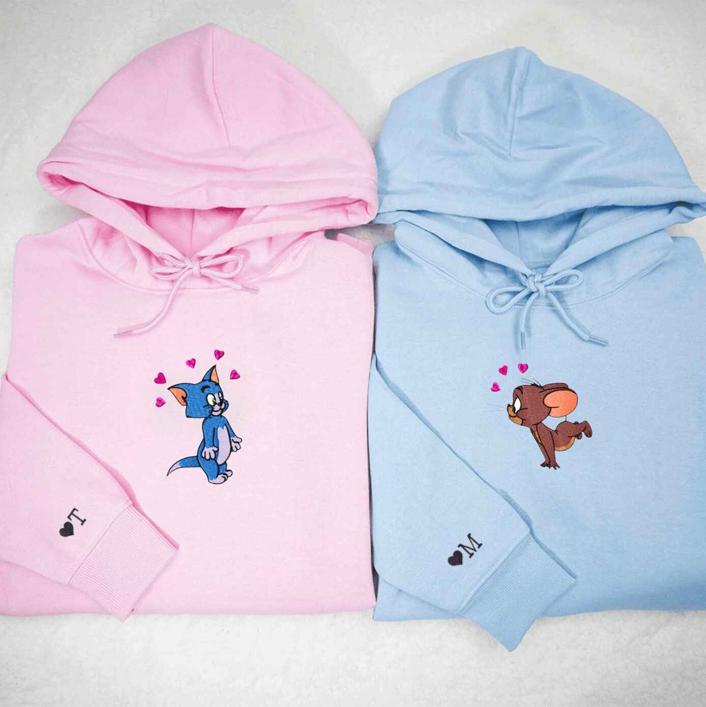 Matching Couple Hoodies with couples matching hoodies design featuring Tom & Jerry with heart motifs
