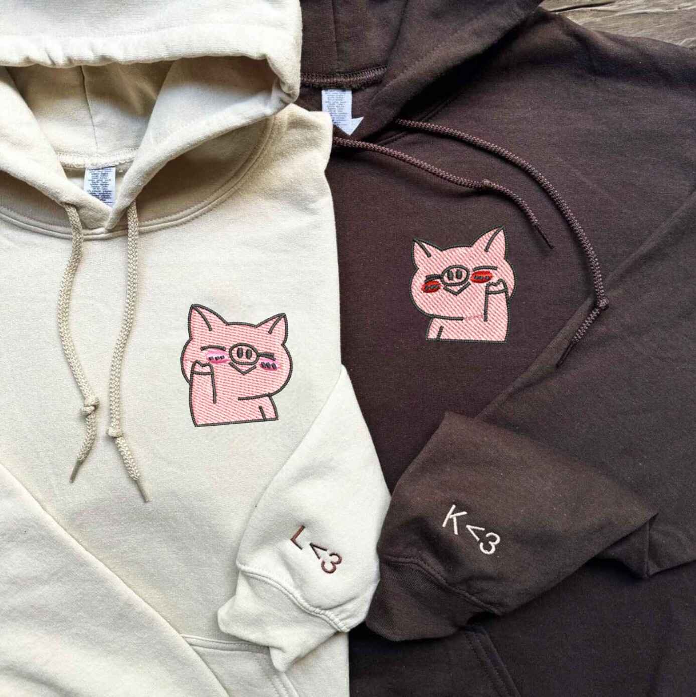 Matching hoodies with cute pig embroidery design
