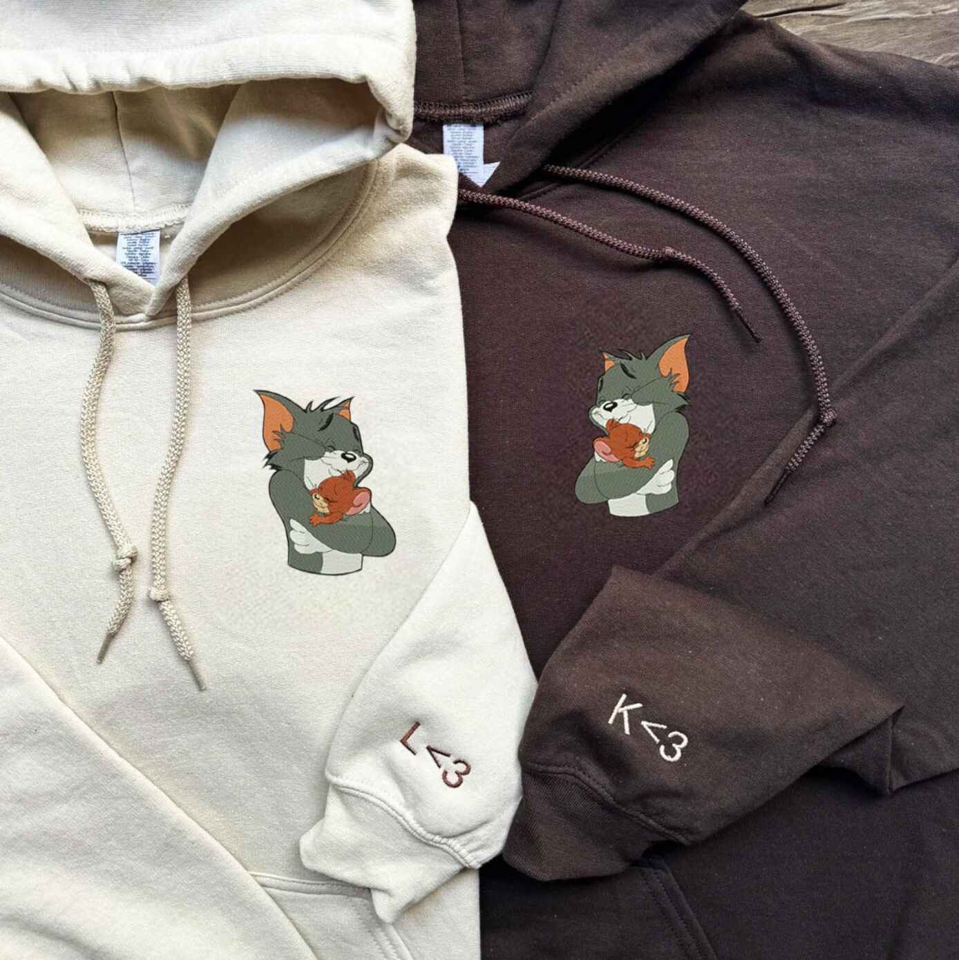 Matching Couple Hoodies with nostalgic matching couple sweatshirts showcasing Tom hugging Jerry
