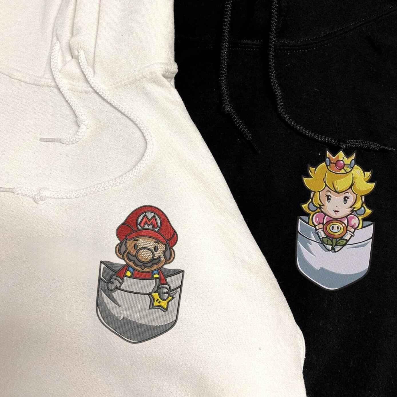 Matching Couple Hoodies with couples matching hoodies design featuring Mario and Princess Peach
