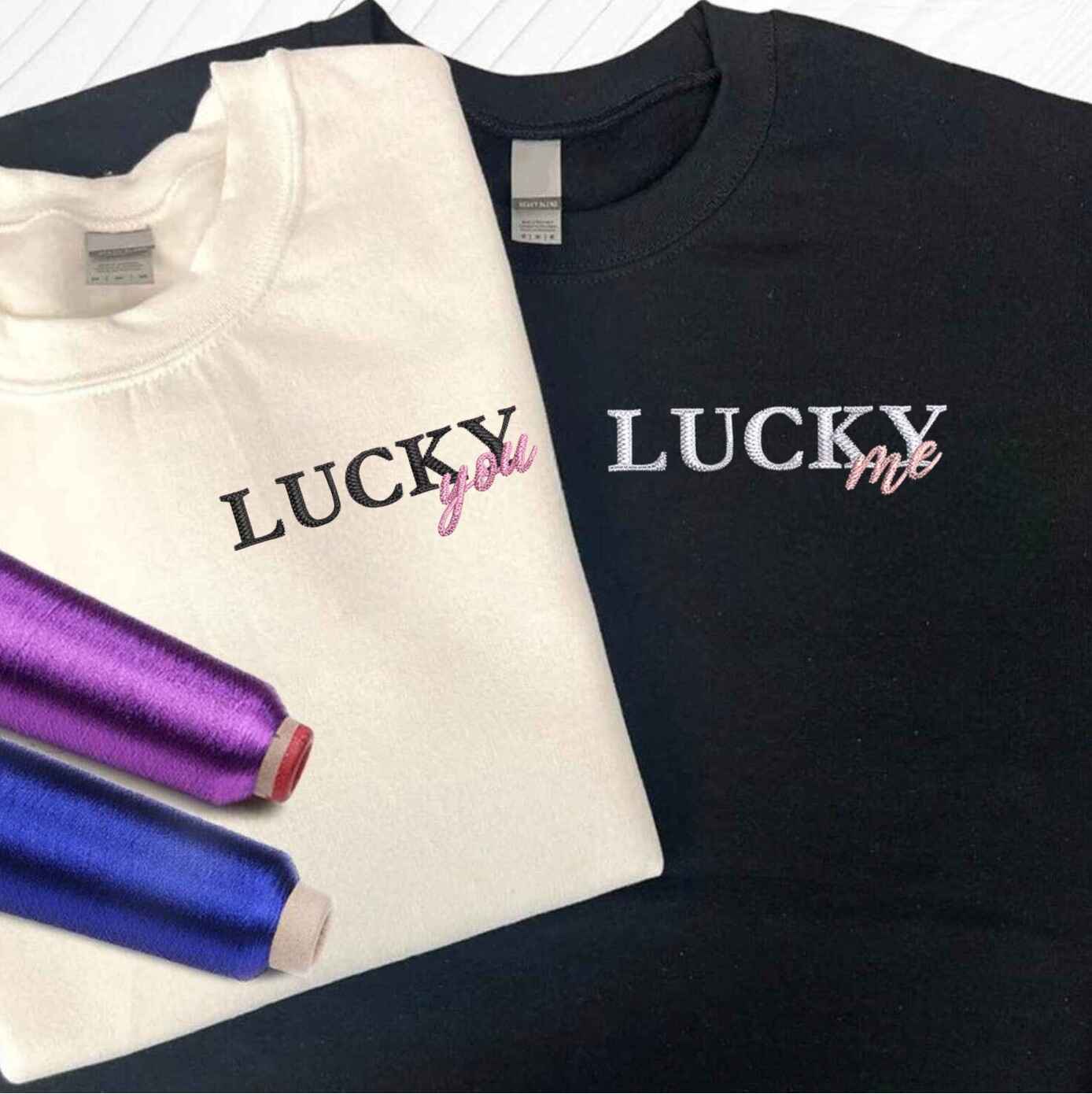 Embroidered couple hoodies with playful "Lucky" message for partners
