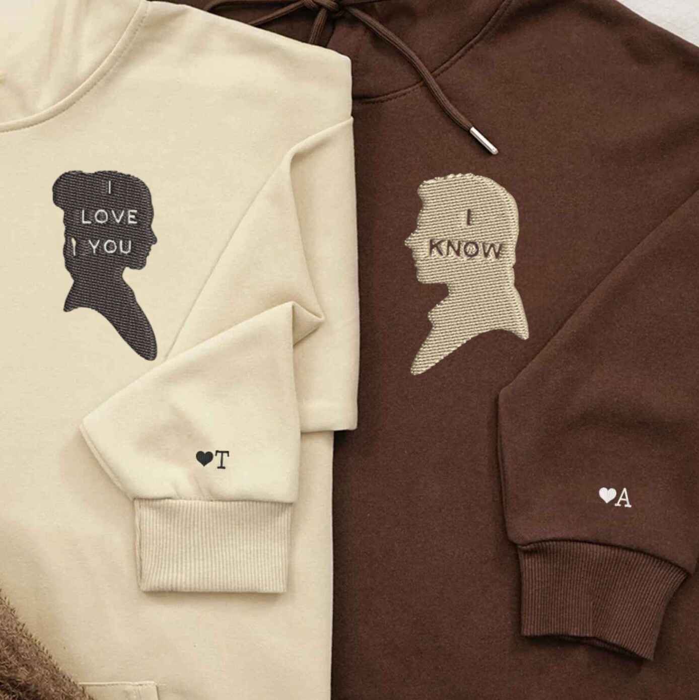 Matching Couple Hoodies featuring matching couple sweatshirts with "I Love You / I Know" custom embroidery
