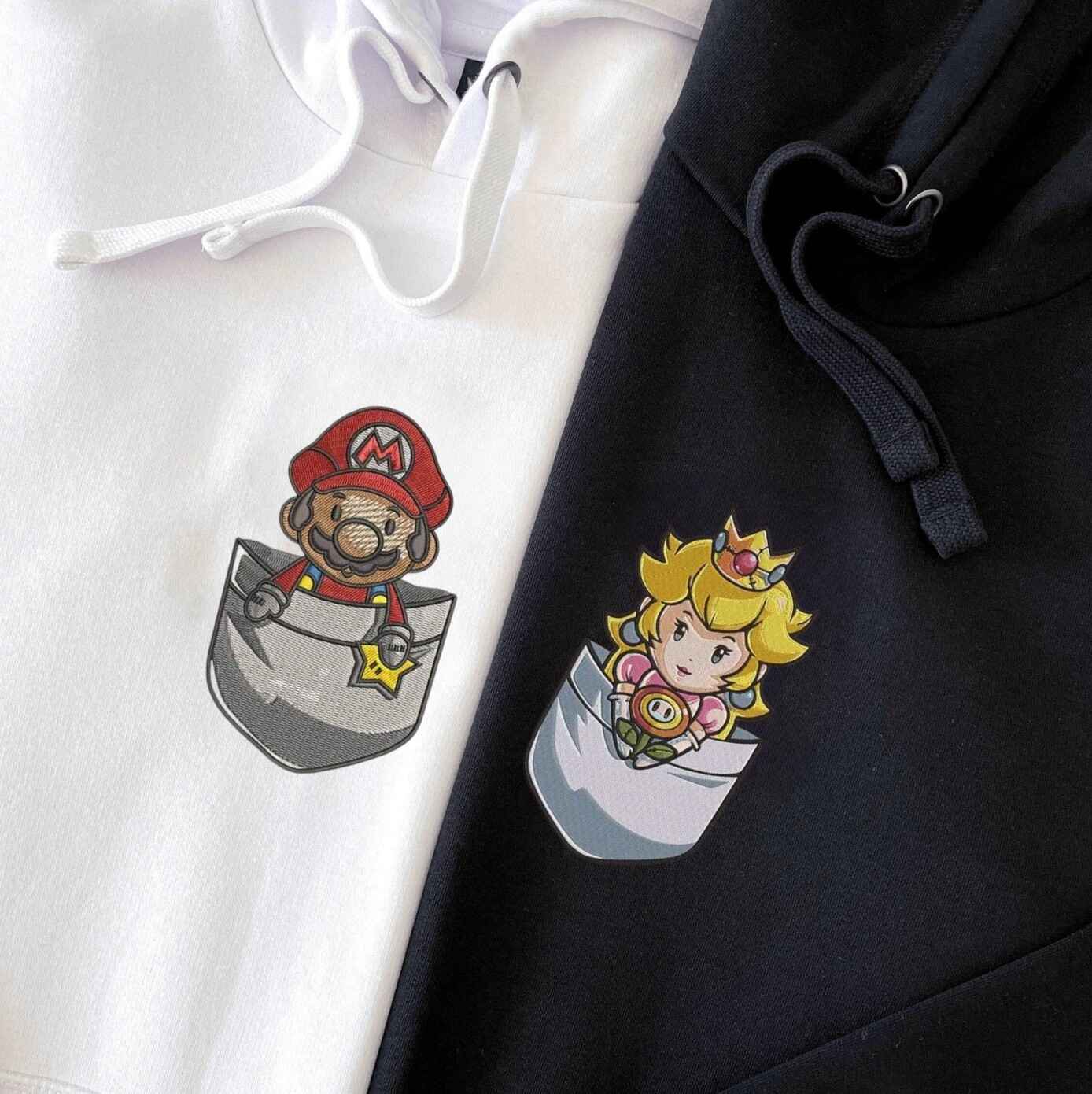 Matching Couple Hoodies with couples matching hoodies design featuring Mario and Princess Peach
