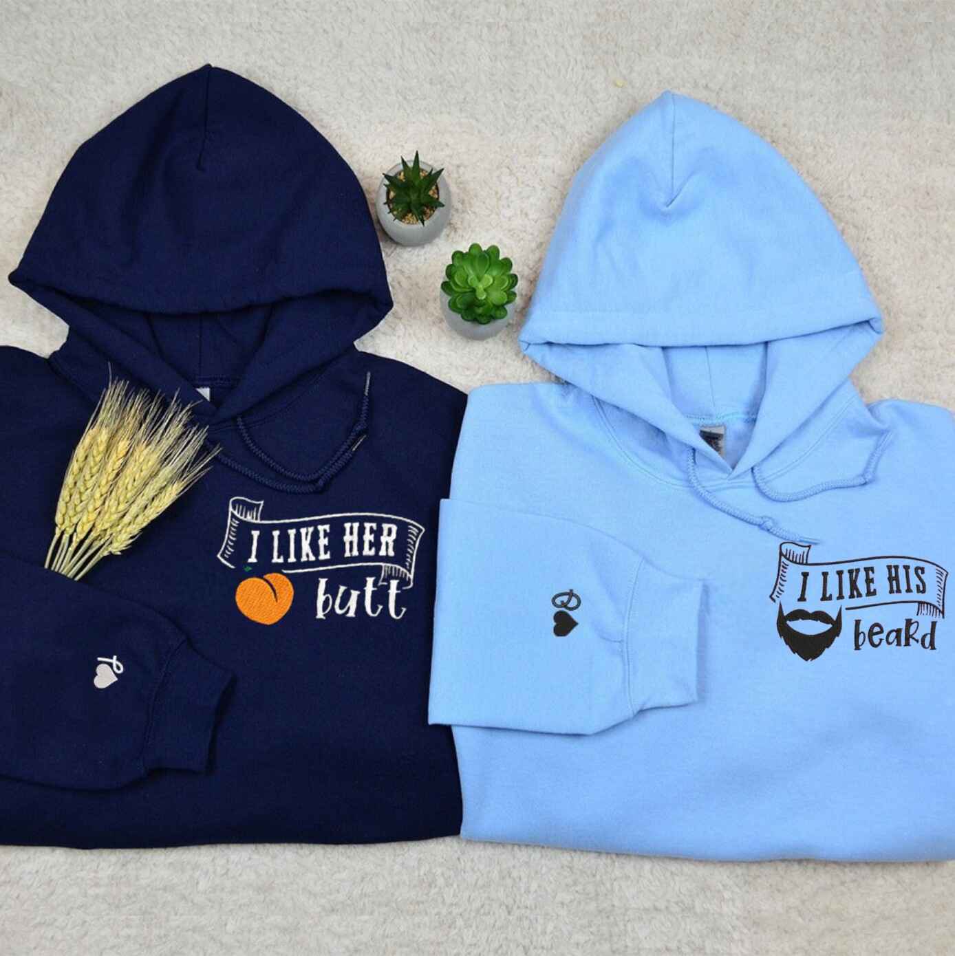 Playful couple hoodies set with fun relationship quotes
