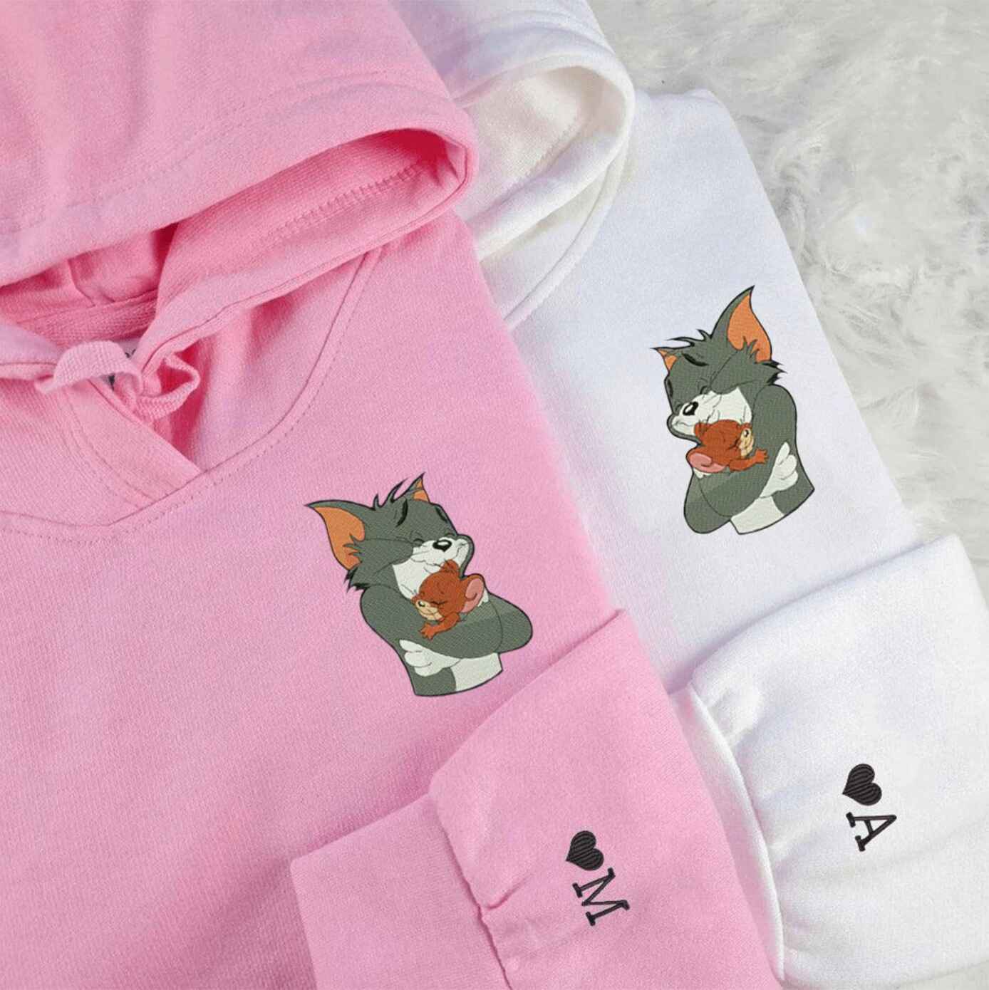 Matching Couple Hoodies with couples matching hoodies design featuring Tom & Jerry embrace
