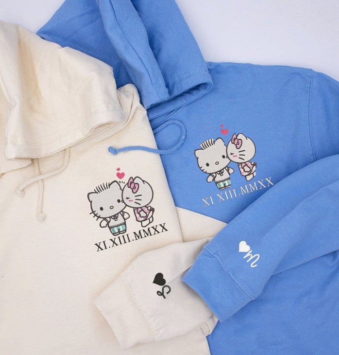 Matching Couple Hoodies with Kitty and Roman Numerals - couples matching hoodies
