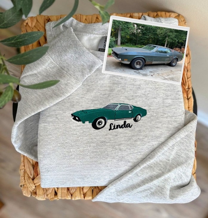 Custom car embroidered sweatshirt with blue sports car design
