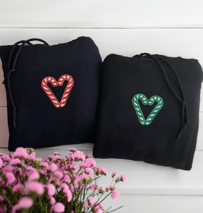 Matching Couple Hoodies with Candy Cane Heart Embroidery - couples matching hoodies
