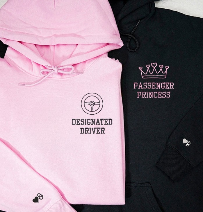 Fun Couple Hoodies Featuring Passenger Princess Crown and Steering Wheel Embroidery - customizable hoodies for couples
