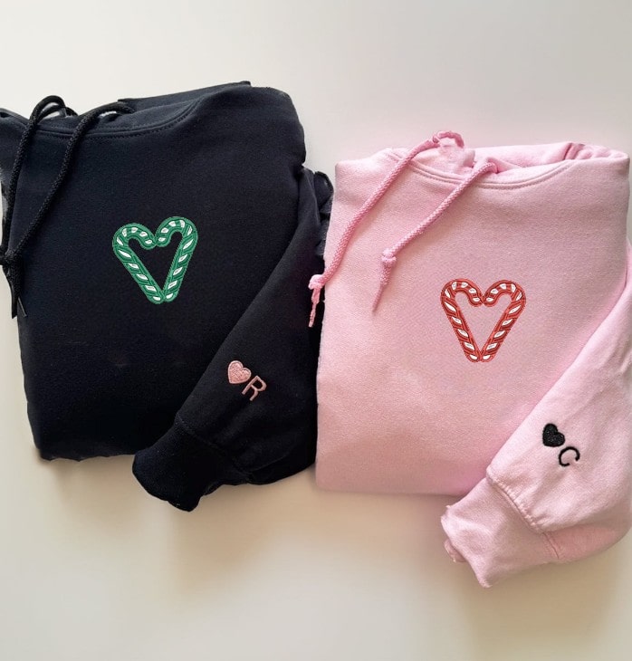 Festive Candy Cane Heart Couple Hoodies - custom couple hoodies
