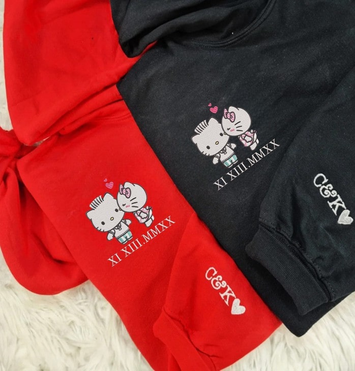 Matching Couple Hoodies with Kitty and Roman Numerals - couples matching hoodies
