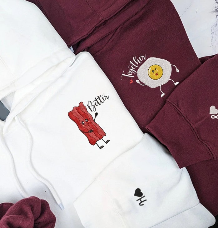 Matching Couple Hoodies with Bacon and Egg Embroidery - couples matching hoodies
