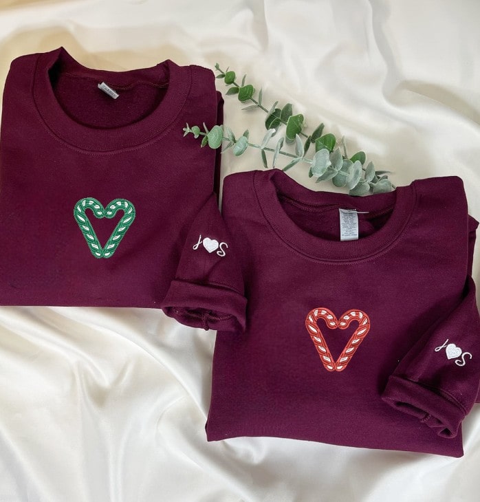 Christmas-Themed Candy Cane Heart Sweatshirts for Couples - customizable hoodies for couples
