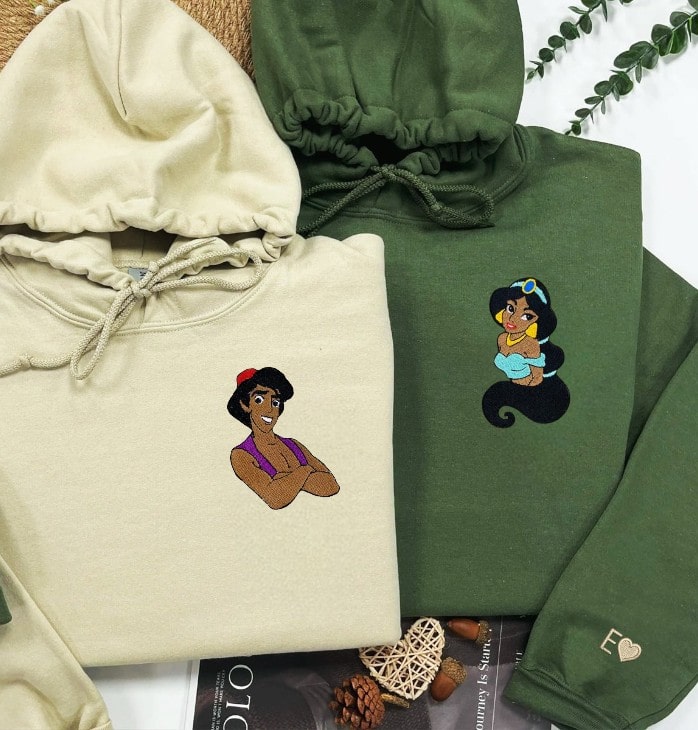 Matching Couple Sweatshirts with Aladdin and Jasmine Embroidery - couples matching hoodies
