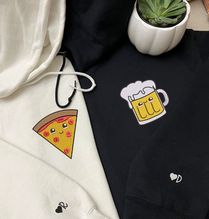 Matching Couple Hoodies with Pizza and Beer Embroidery - couples matching hoodies
