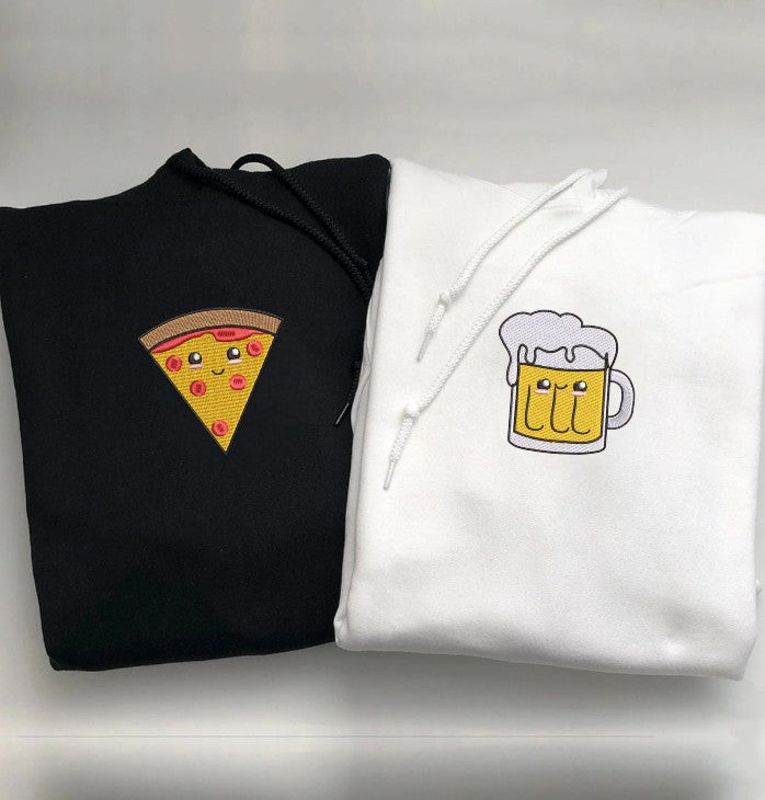 Matching Couple Hoodies with Pizza and Beer Embroidery - couples matching hoodies
