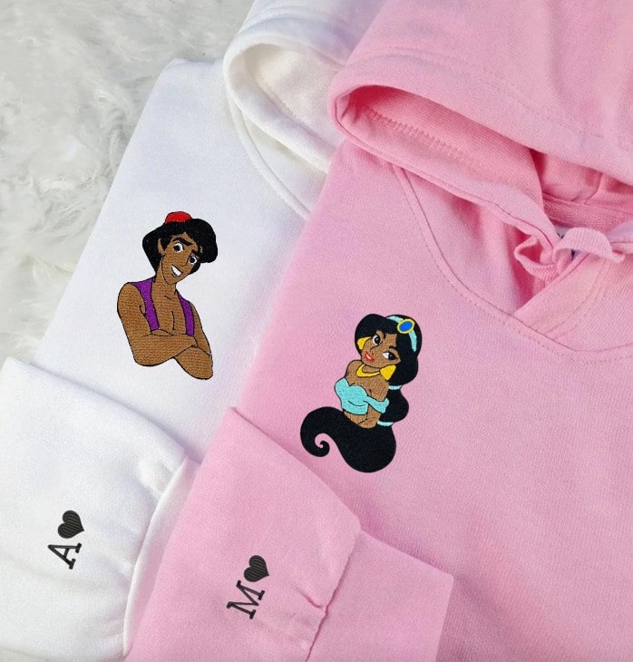 Personalized Couple Sweatshirts with Aladdin and Jasmine Design - customizable hoodies for couples
