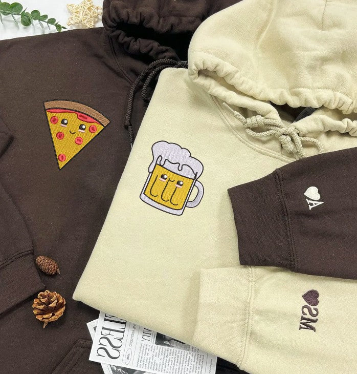 Matching Couple Hoodies with Pizza and Beer Embroidery - couples matching hoodies
