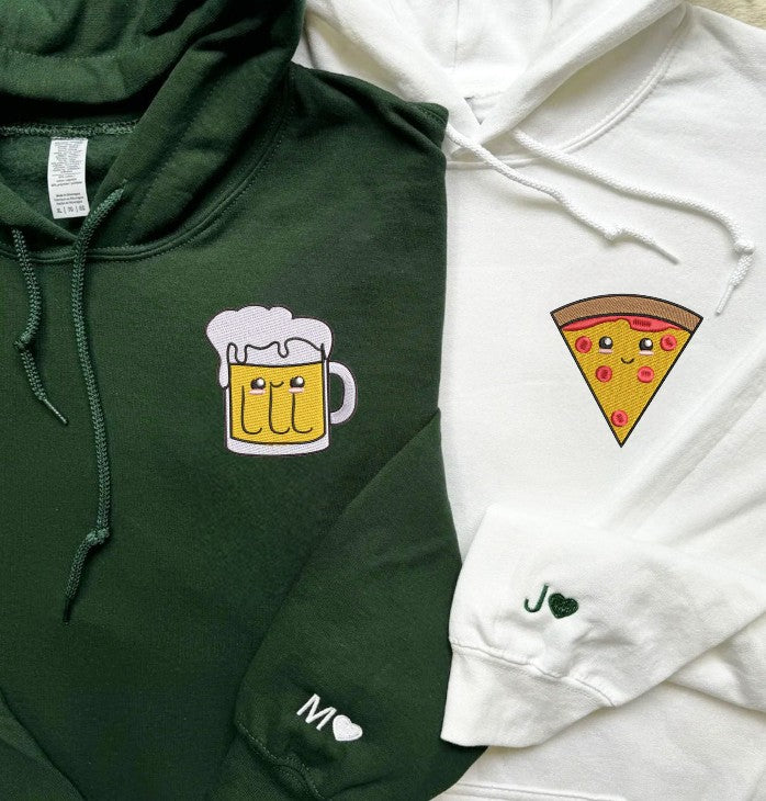 Matching Couple Hoodies with Pizza and Beer Embroidery - couples matching hoodies
