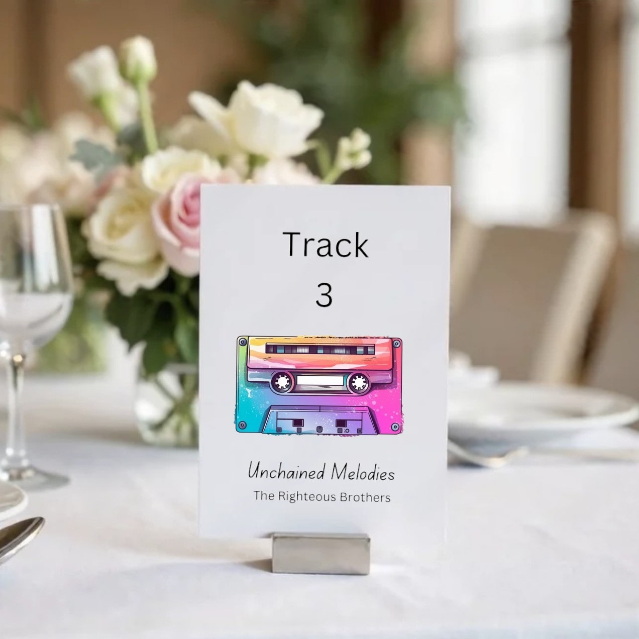 Retro cassette tape wedding table number with custom "Track 3" design