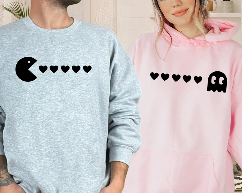 Matching Couple Hoodies - Custom Embroidered Hoodie Pac-Man Sweatshirts for Couples