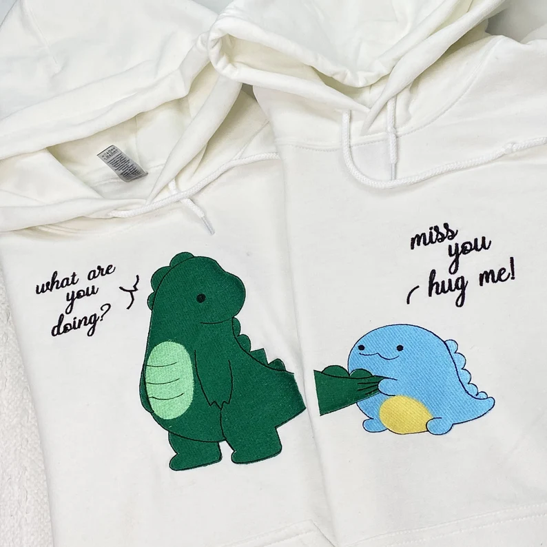 Matching Couple Hoodies - Custom Embroidered Dino Sweater for Couples