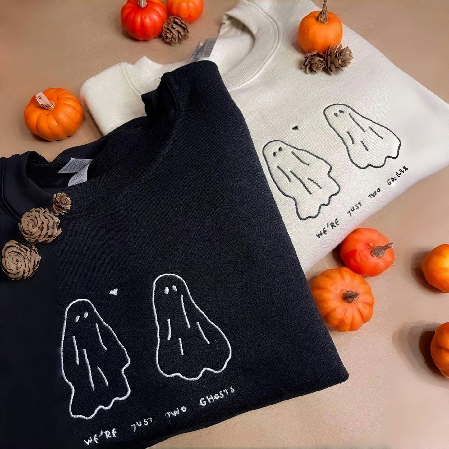 Matching Couple Hoodies - Halloween Ghost Custom Embroidered Couples Matching Hoodies