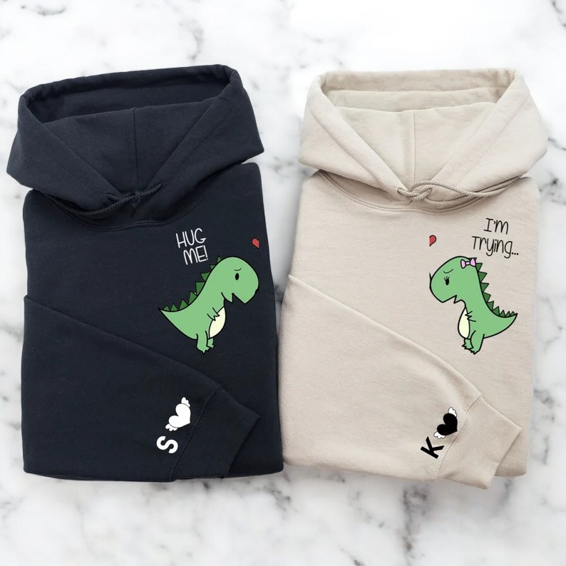 Matching Couple Hoodies - "Hug Me" Dinosaur Custom Embroidered Couples Matching Hoodies