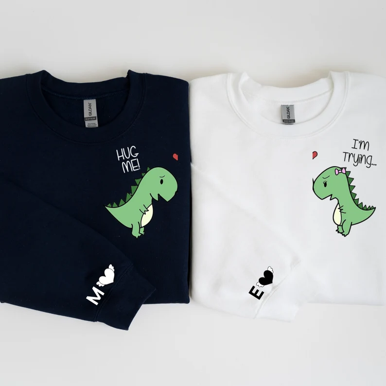 Matching Couple Hoodies - "Hug Me" Dinosaur Custom Embroidered Customizable Hoodies For Couples