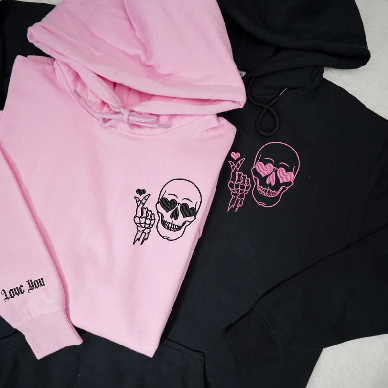 Matching Couple Hoodies - Skeleton Skull Custom Embroidered Couples Matching Hoodies