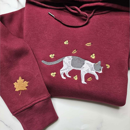 Custom pet hoodie with embroidered fall leaves and pet design - perfect custom embroidered hoodie