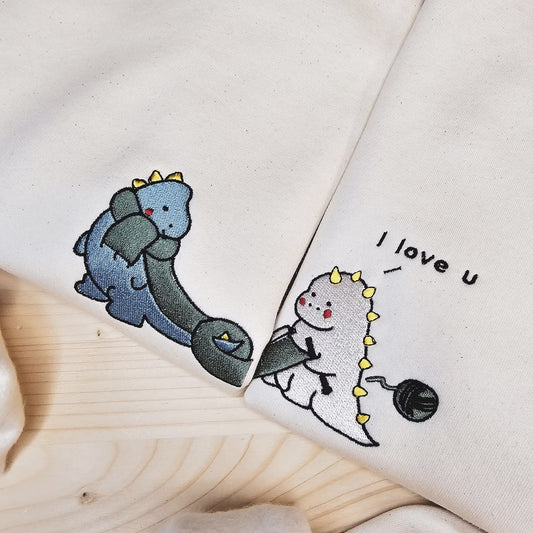 Matching Couple Hoodies - Dinosaur Cat Custom Embroidered Couples Matching Hoodies