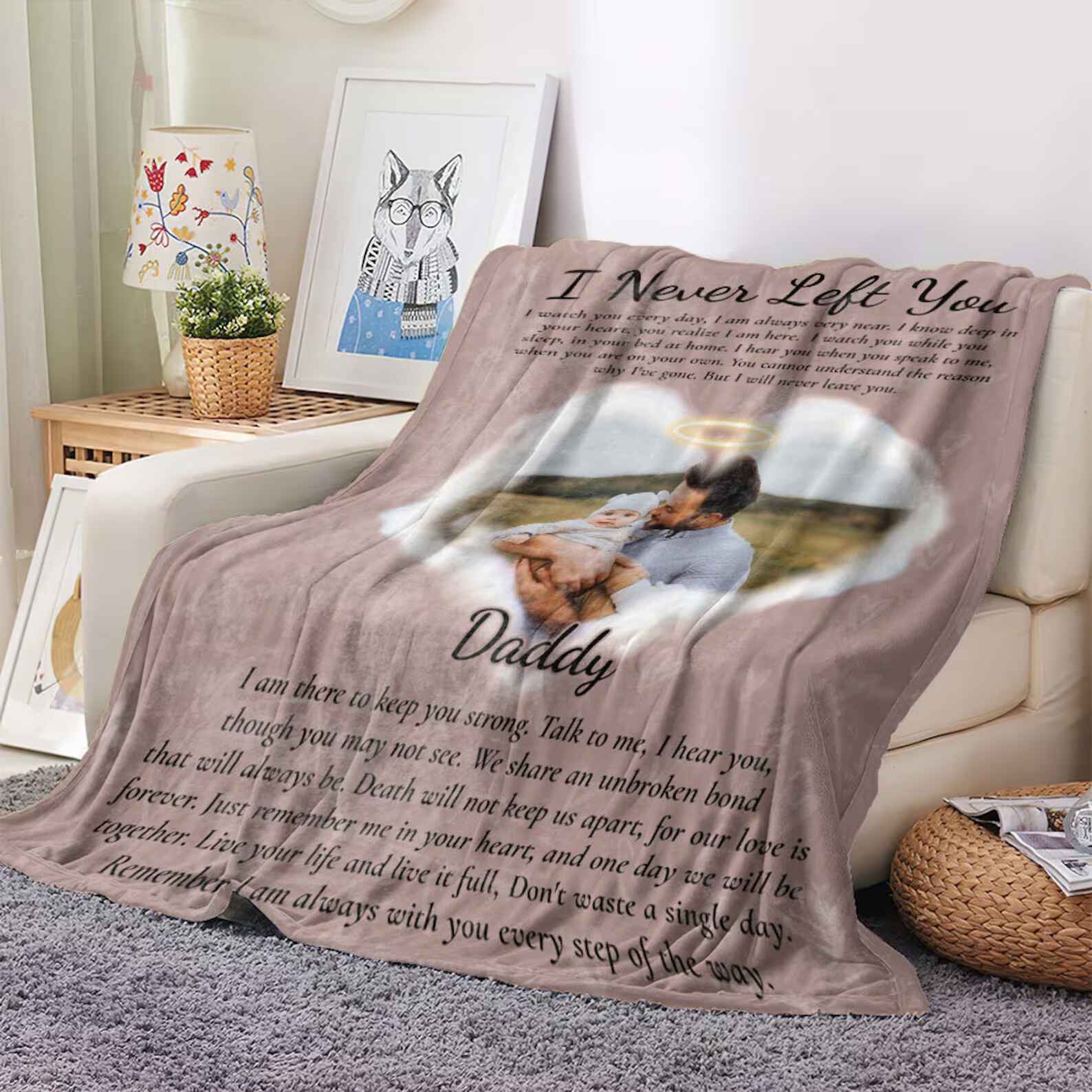 Personalized memorial blanket with custom photo and heartfelt message 'I Never Left You' for remembrance