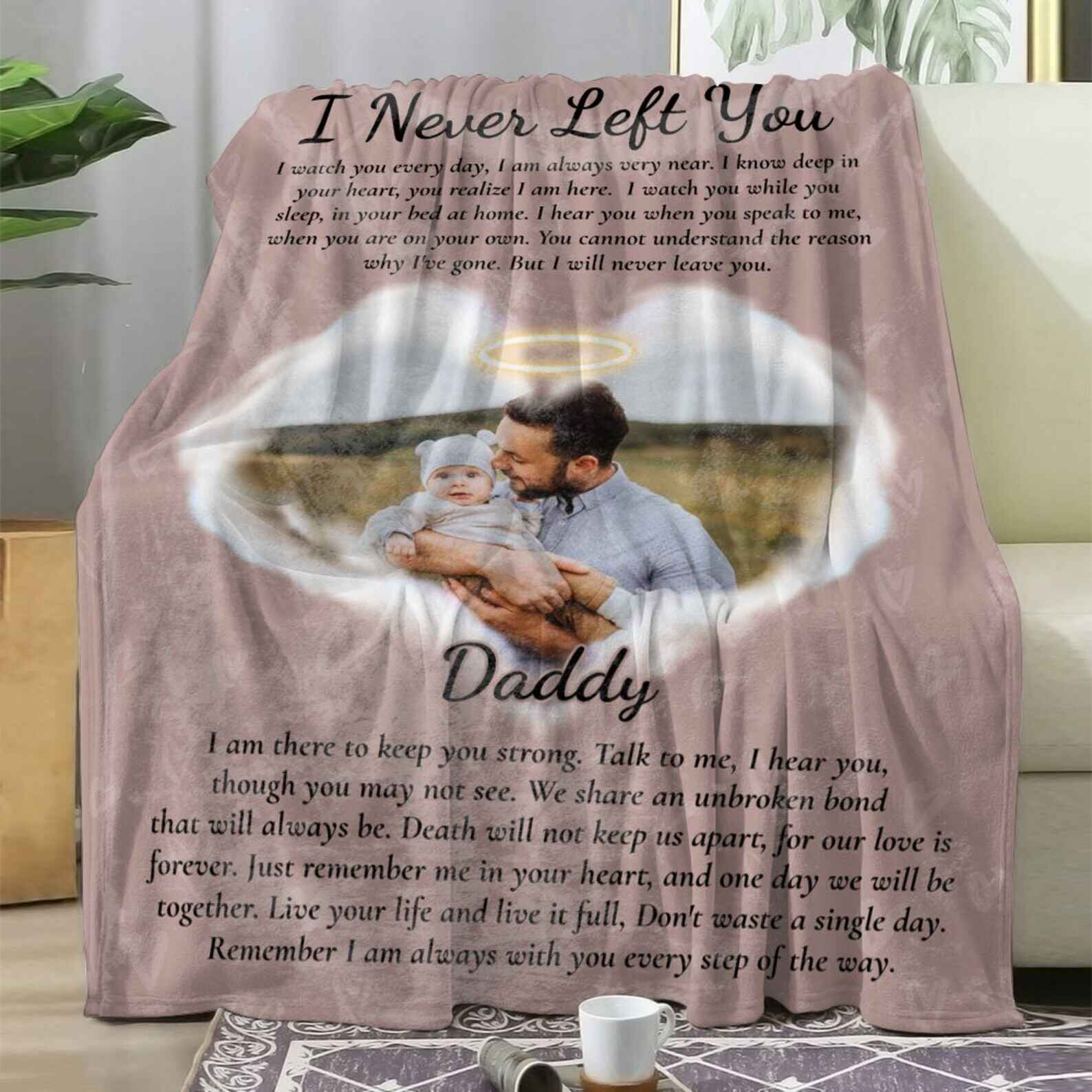 Personalized memorial blanket with custom photo and heartfelt message 'I Never Left You' for remembrance