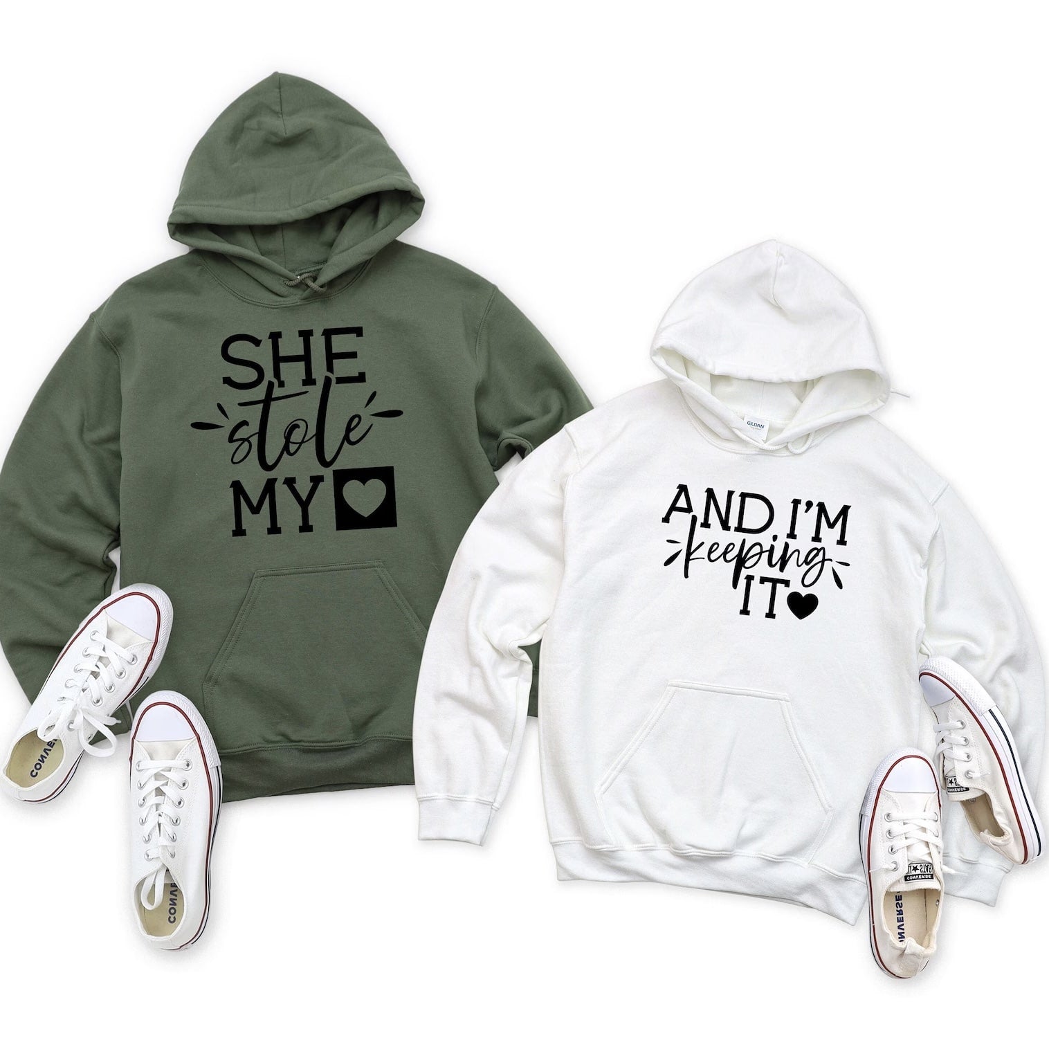 Cozy couple hoodie set with "She Stole My Heart" and "I'm Keeping It"