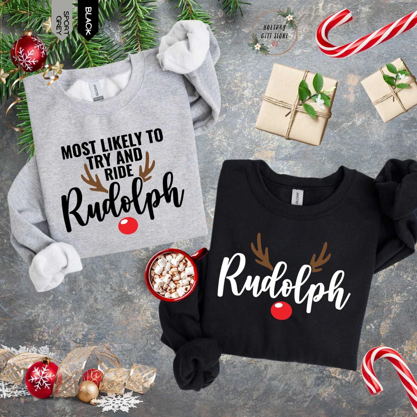 Cozy holiday apparel featuring playful Rudolph graphics and humorous text.