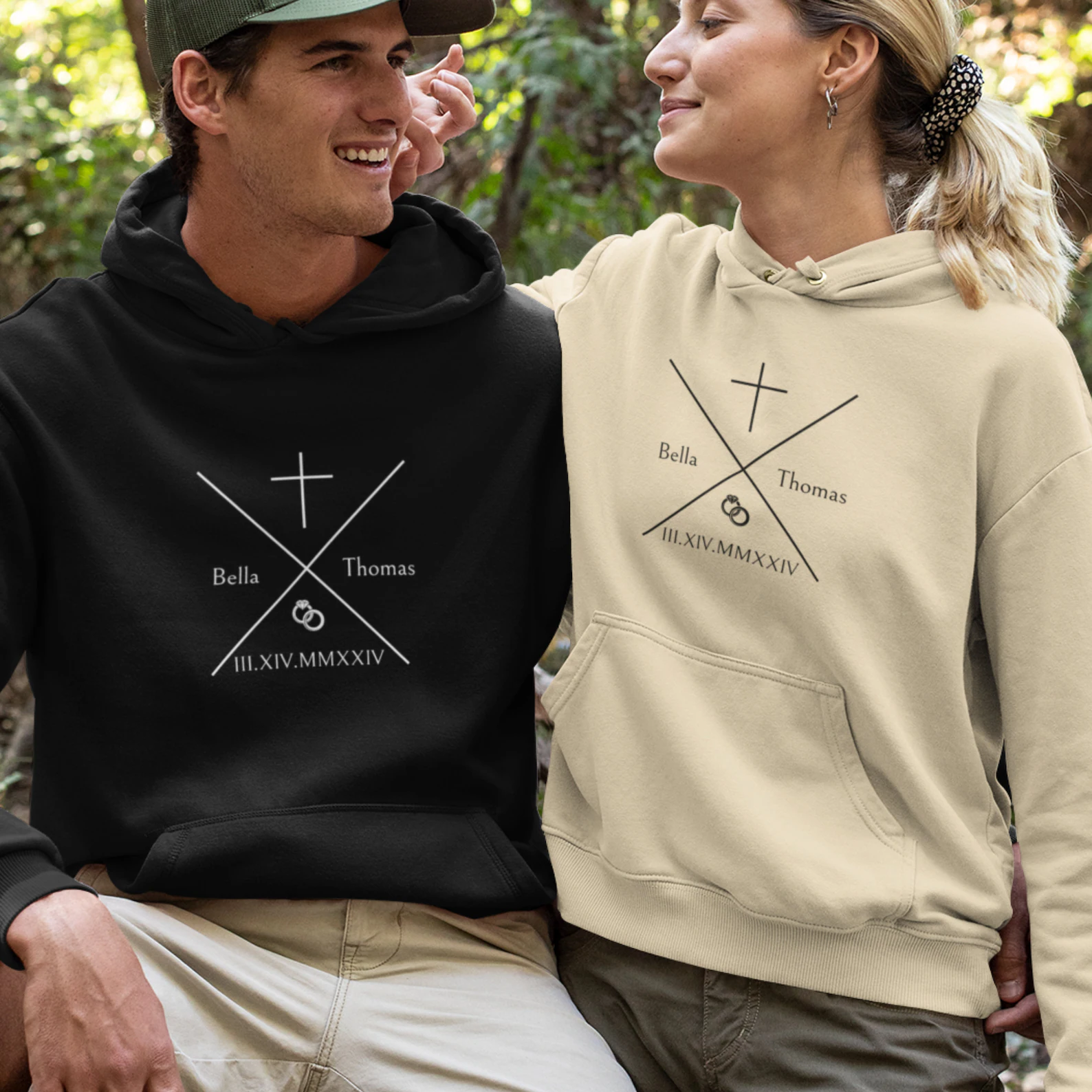 Personalized Christian couple sweatshirts with cross and Roman numeral date.