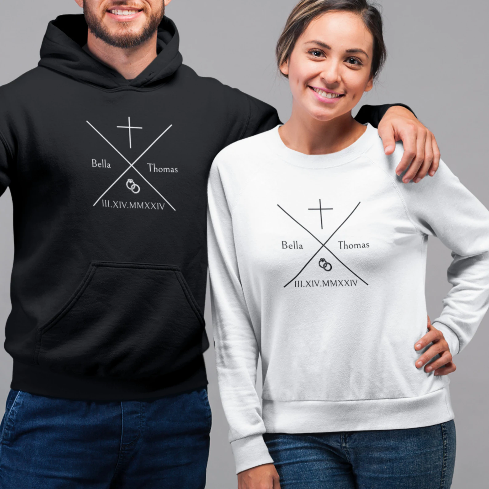 Modern Christian sweatshirts featuring intertwined rings and cross design.