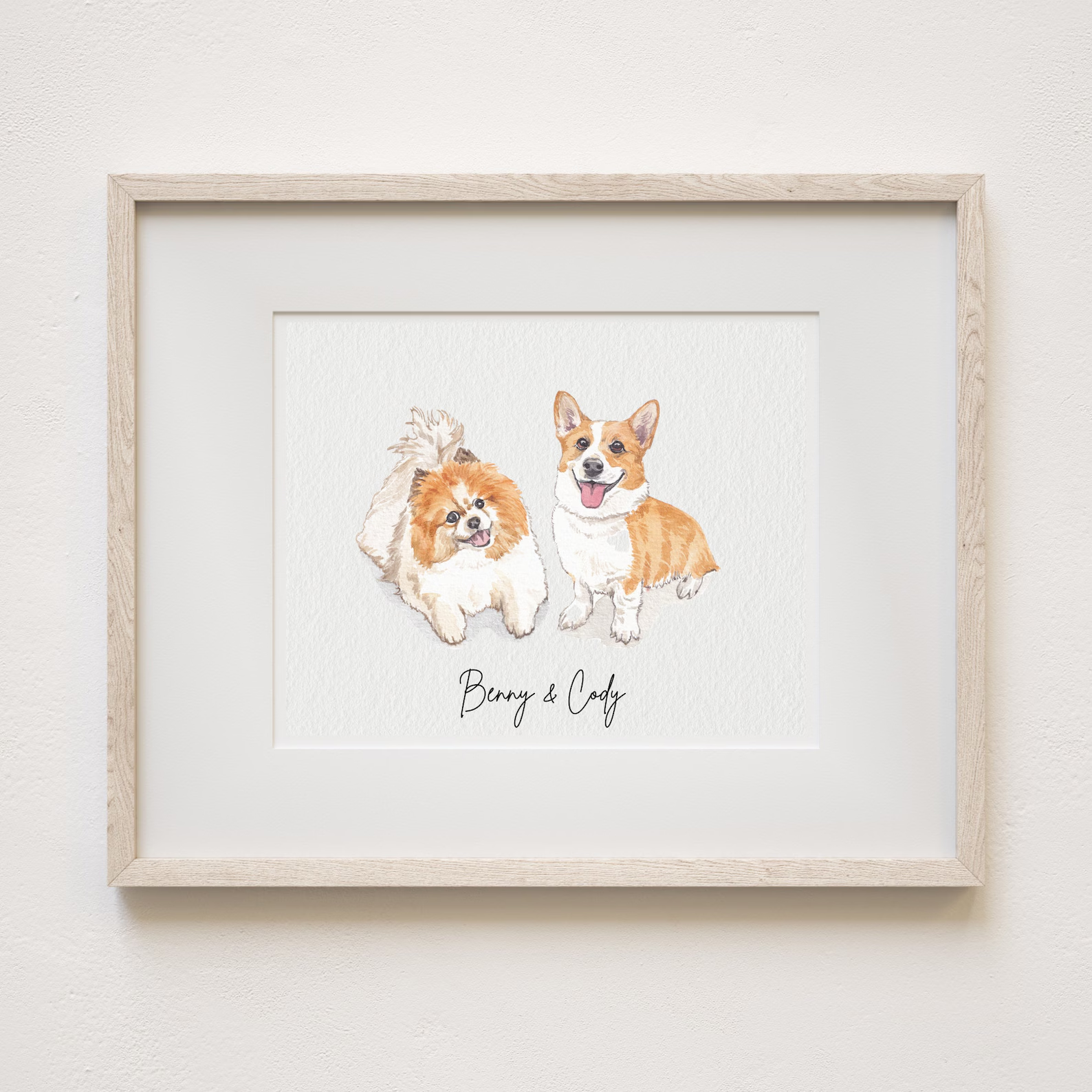 Hand-painted custom pet portrait in a natural wood frame.