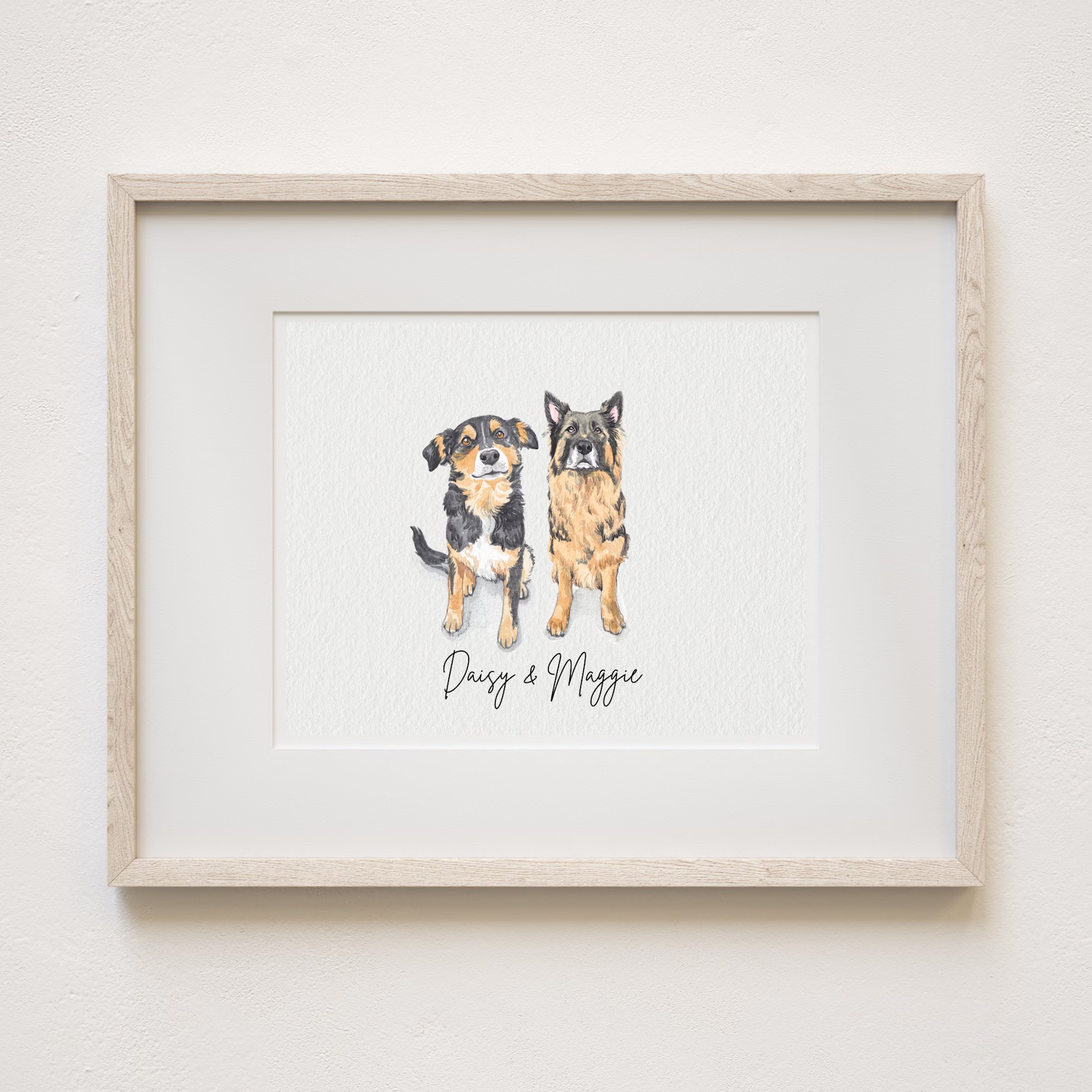 Personalized framed artwork of two dogs with names included.