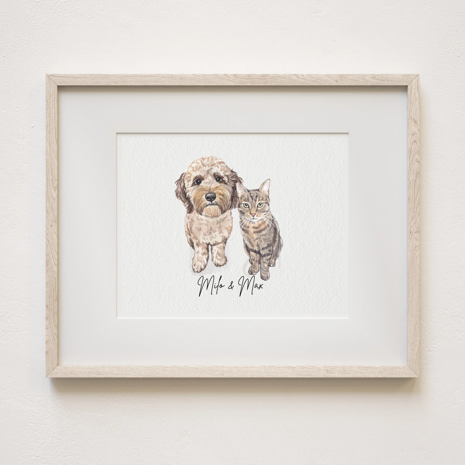 Custom pet portrait featuring two dogs, professionally framed in neutral tones.