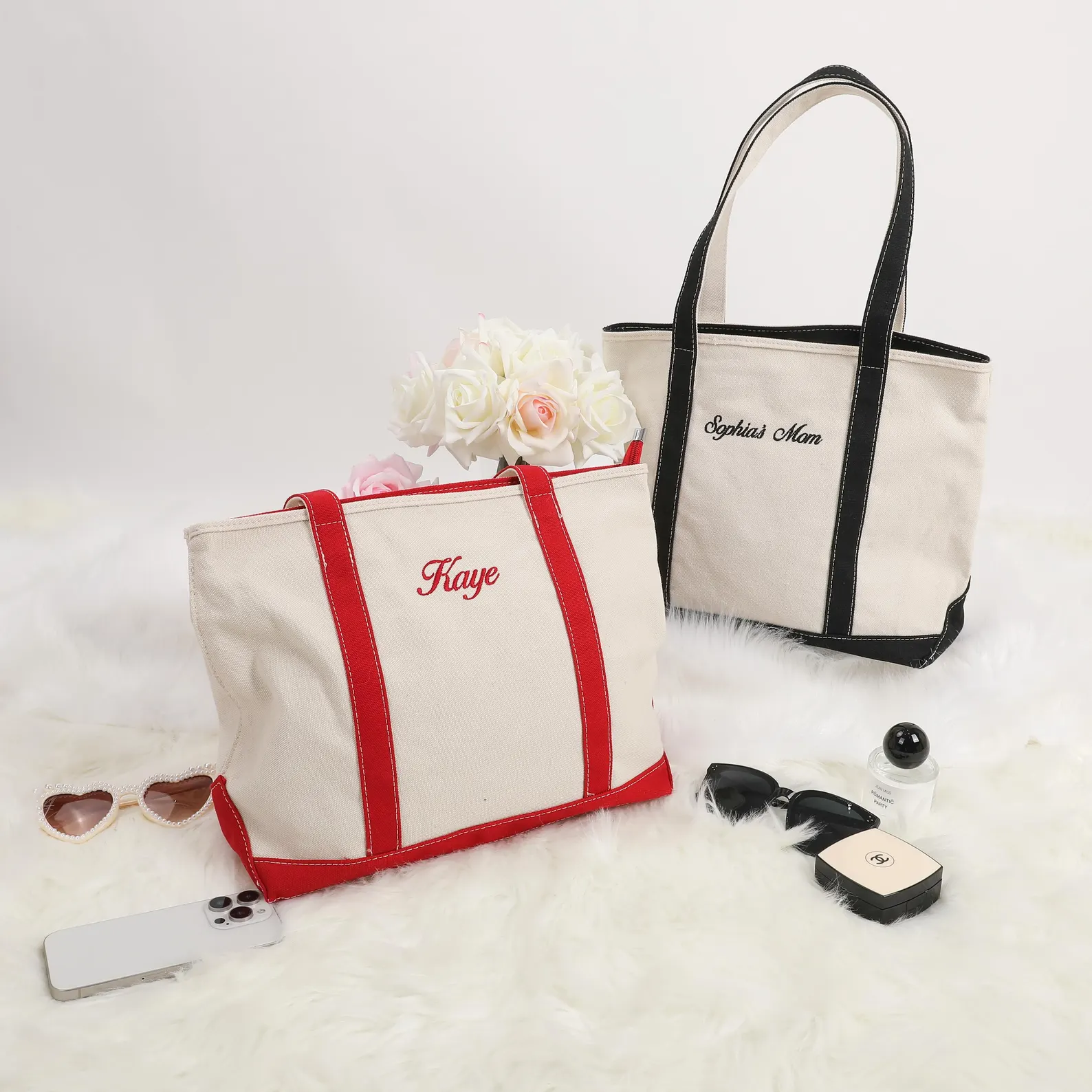 Elegant embroidered tote bag for women in red and black.