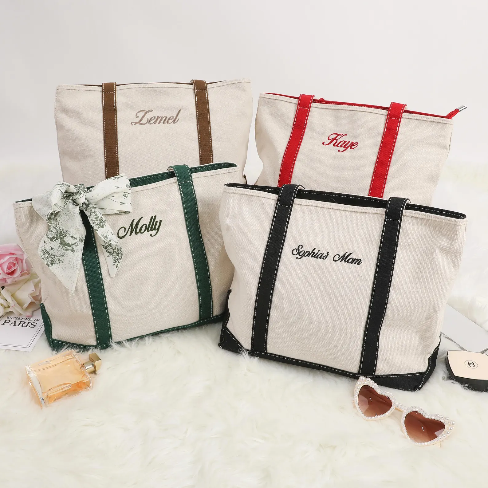 Signature canvas tote bags personalized for work, travel, or daily use.