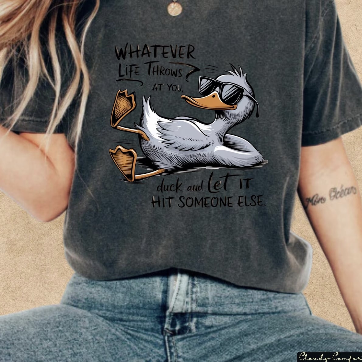 Relaxed fit duck graphic tee with positive life quote