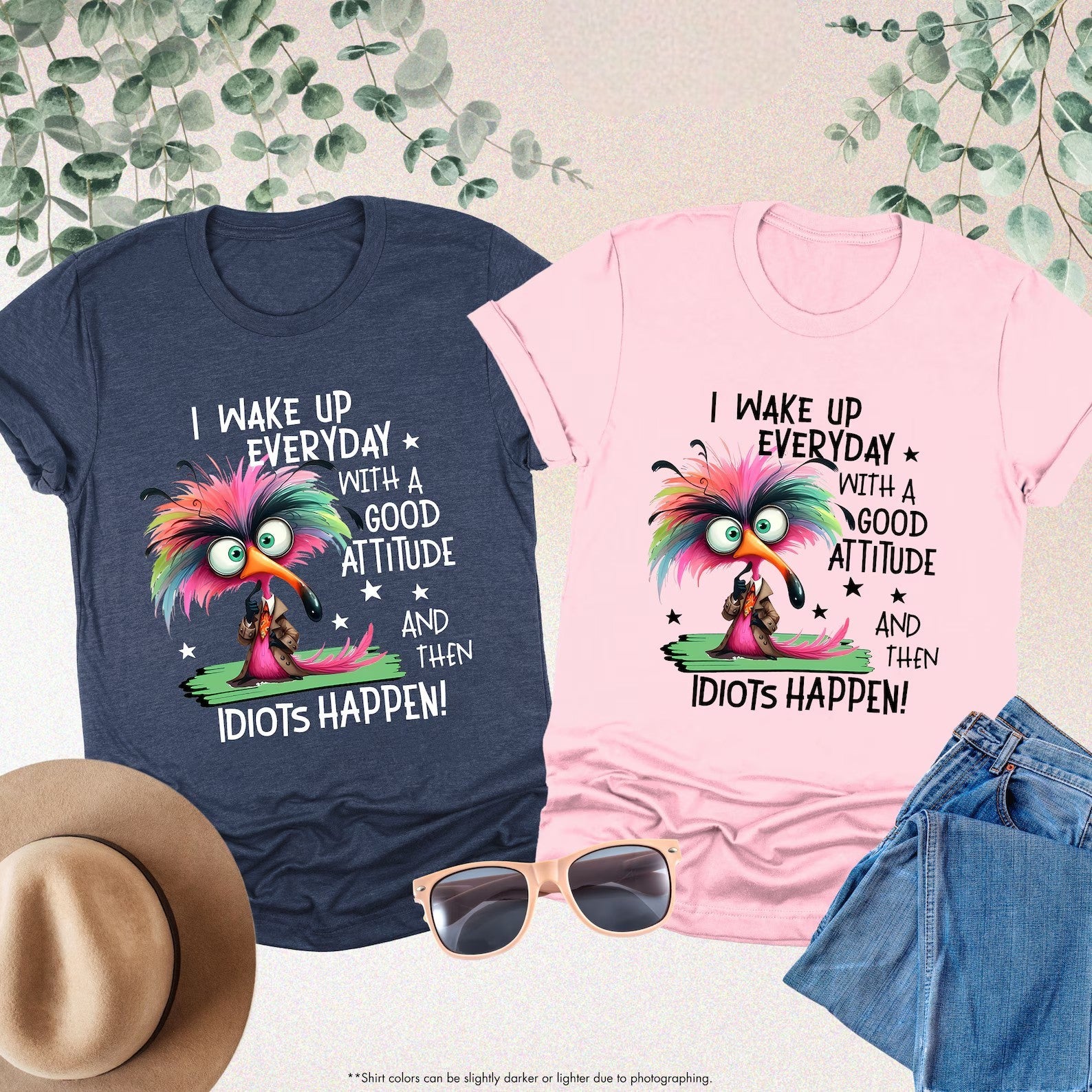 Colorful "Good Attitude" tee with a quirky bird design and a witty statement.