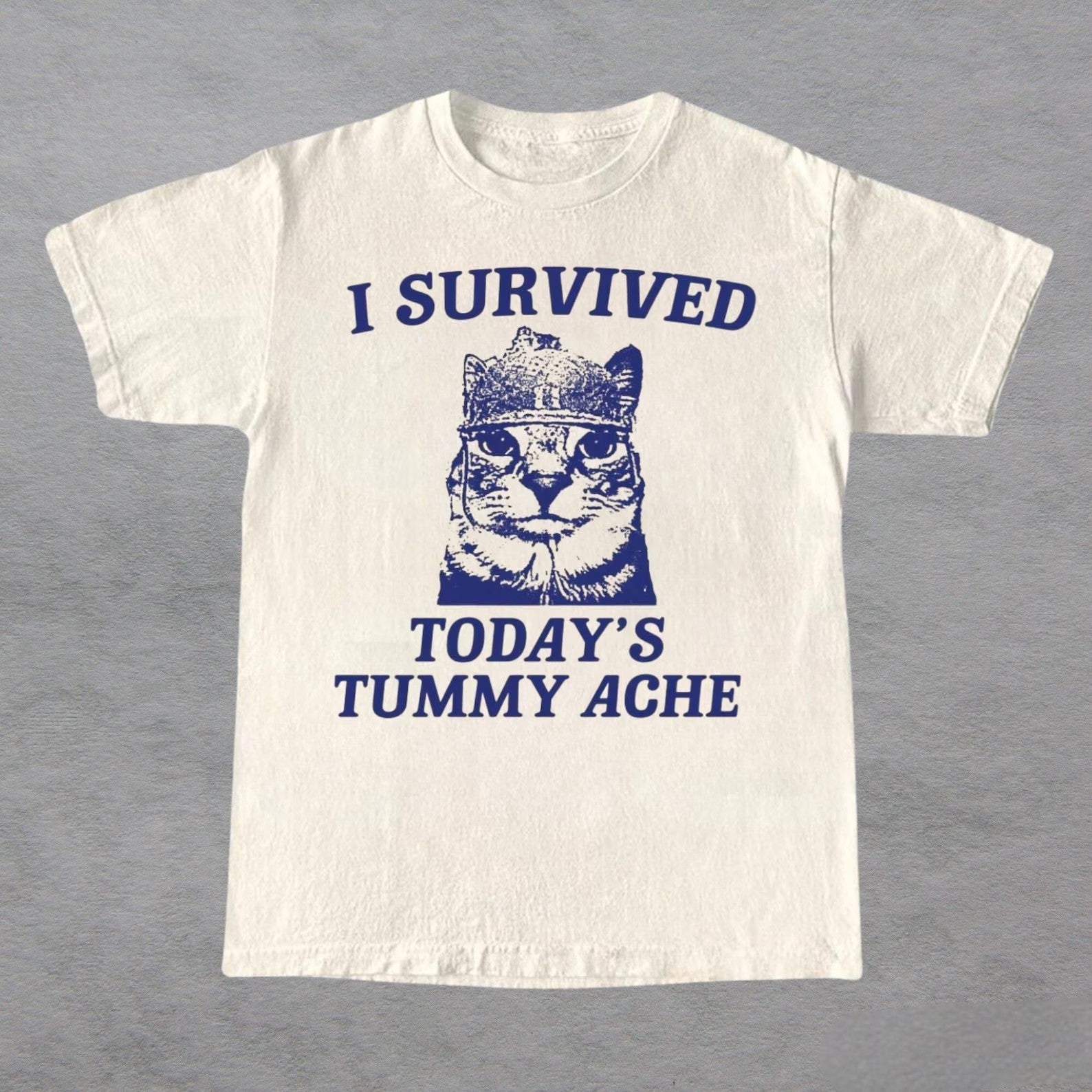 Comfortable tee with a fun "I Survived Today’s Tummy Ache" graphic featuring a cat.