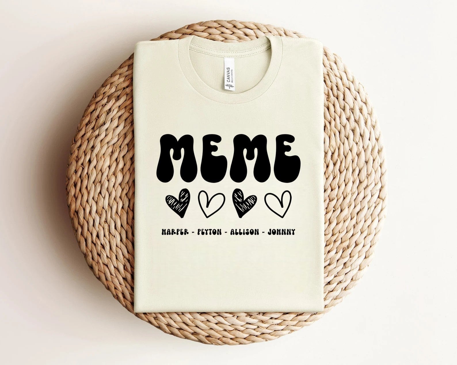 Trendy customizable meme t-shirt in olive green with personal names
