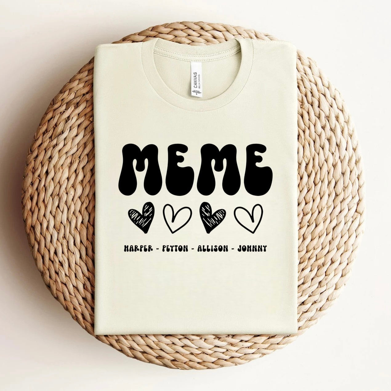 Trendy customizable meme t-shirt in olive green with personal names
