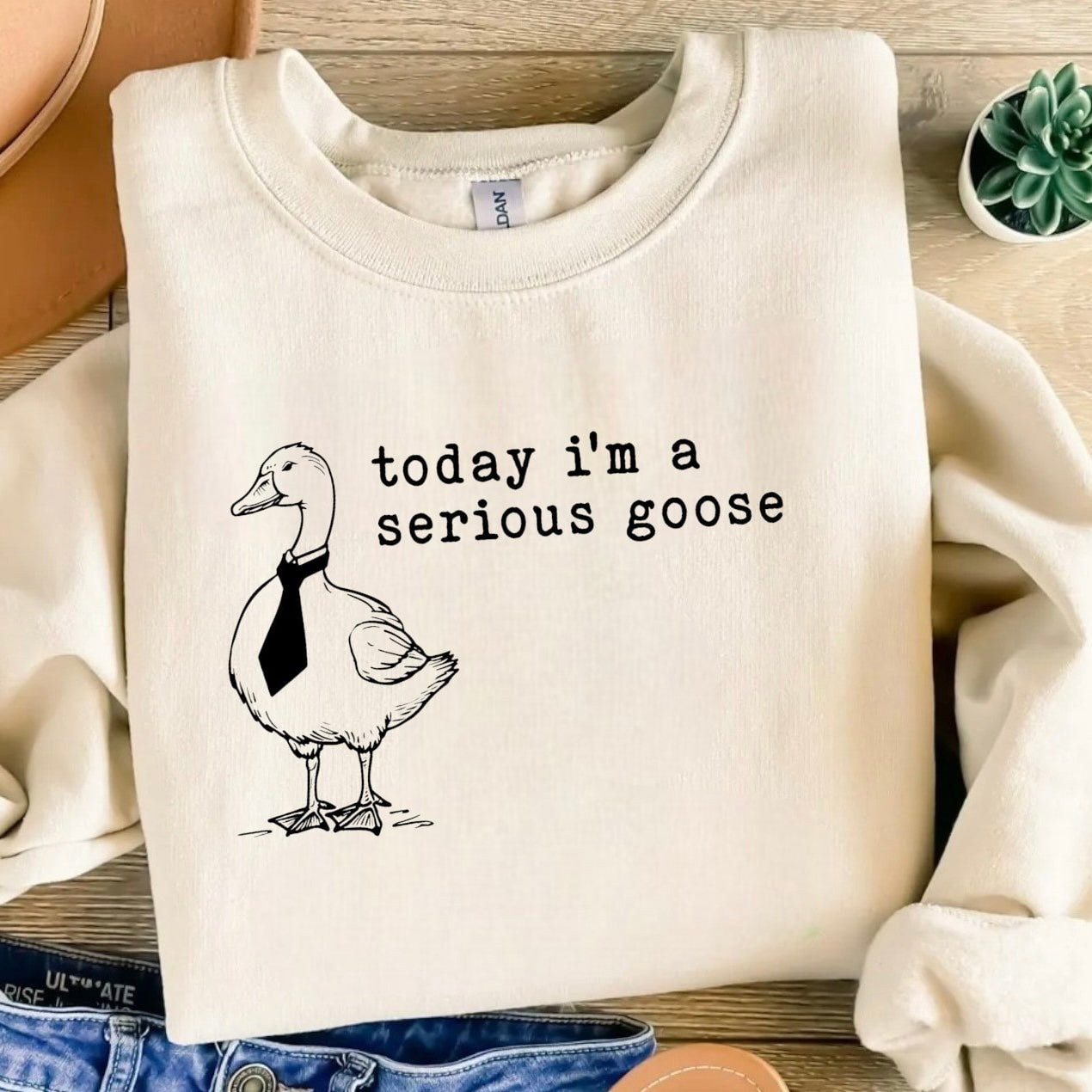 "Serious Goose" sweatshirt with goose in a tie and playful text